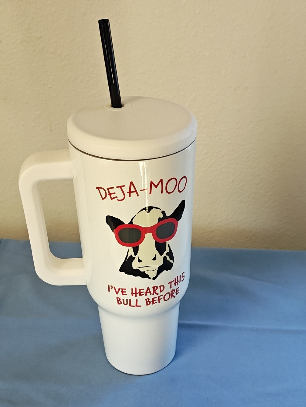 White 'Deja-Moo' Insulated Travel Tumbler with Handle and Straw